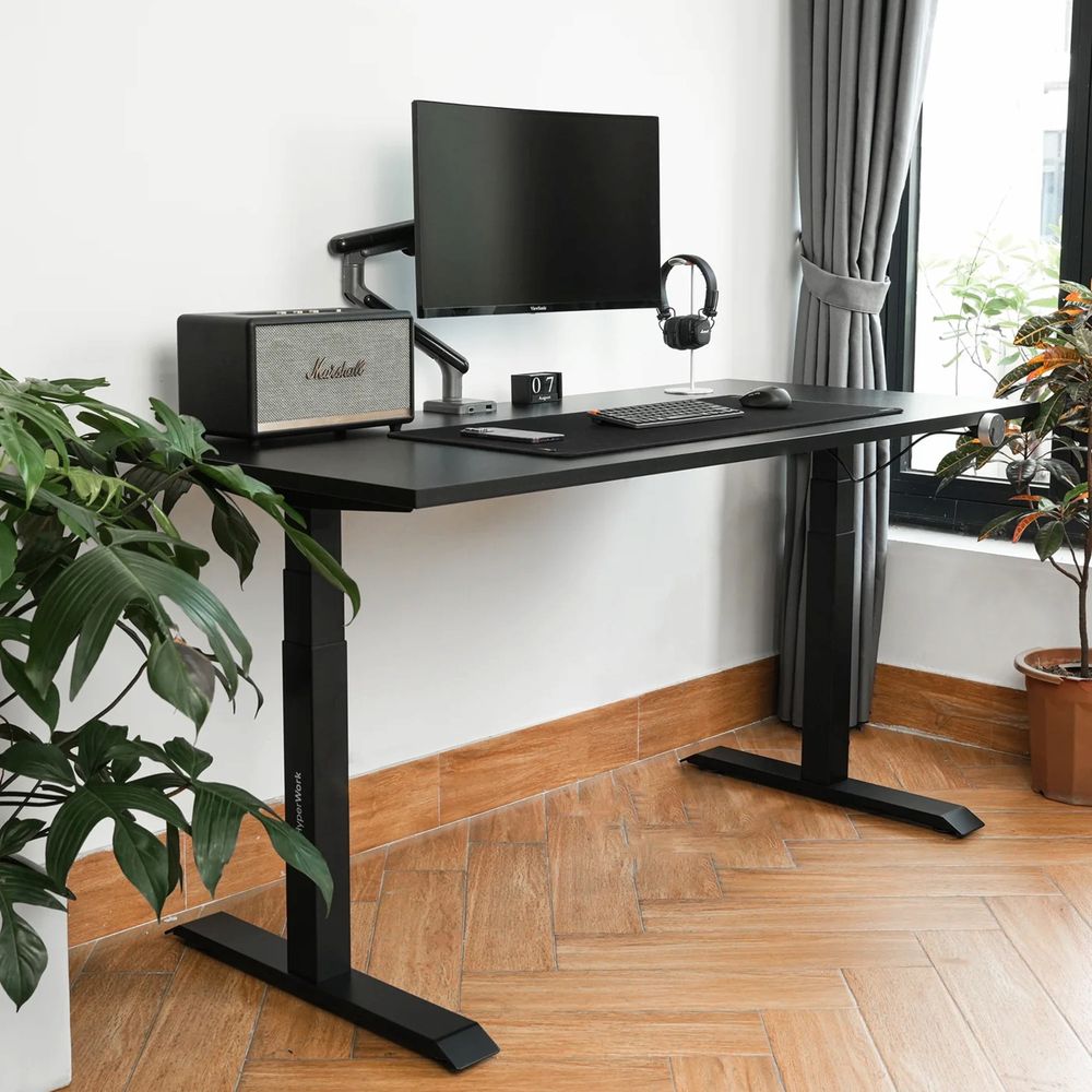 Bàn làm việc nâng hạ HyperWork ATLAS (Mặt Bàn Đen - 160x75x2.5cm - Khung đen - Mới, Full box, Chính hãng)