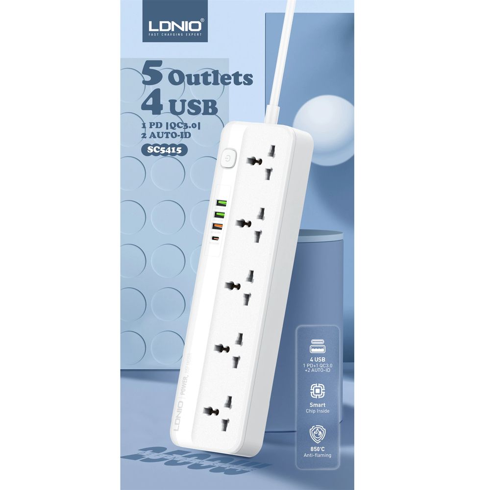 Ổ cắm điện đa năng LDNIO (Output: 5 Ổ Cắm - 3 USB A - 1 USB C - Frost White - Mới, Full box, Nhập khẩu) (SC5415)