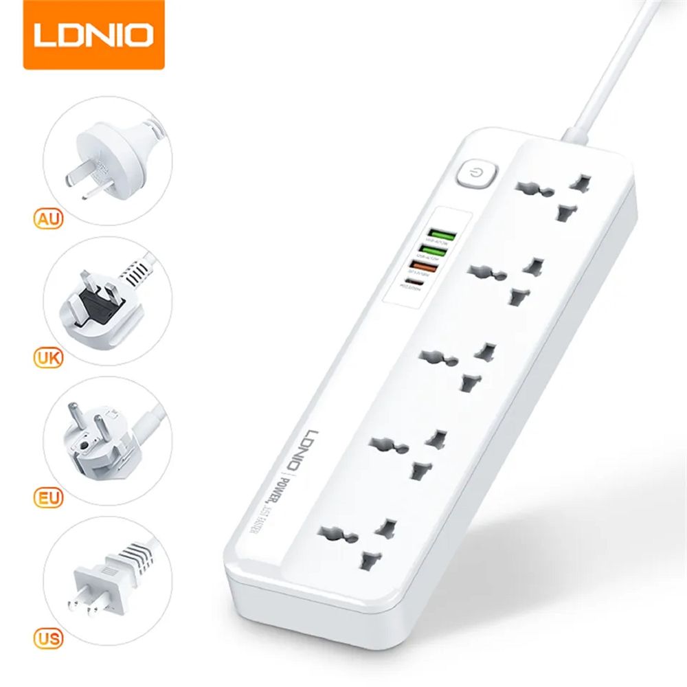 Ổ cắm điện đa năng LDNIO (Output: 5 Ổ Cắm - 3 USB A - 1 USB C - Frost White - Mới, Full box, Nhập khẩu) (SC5415)