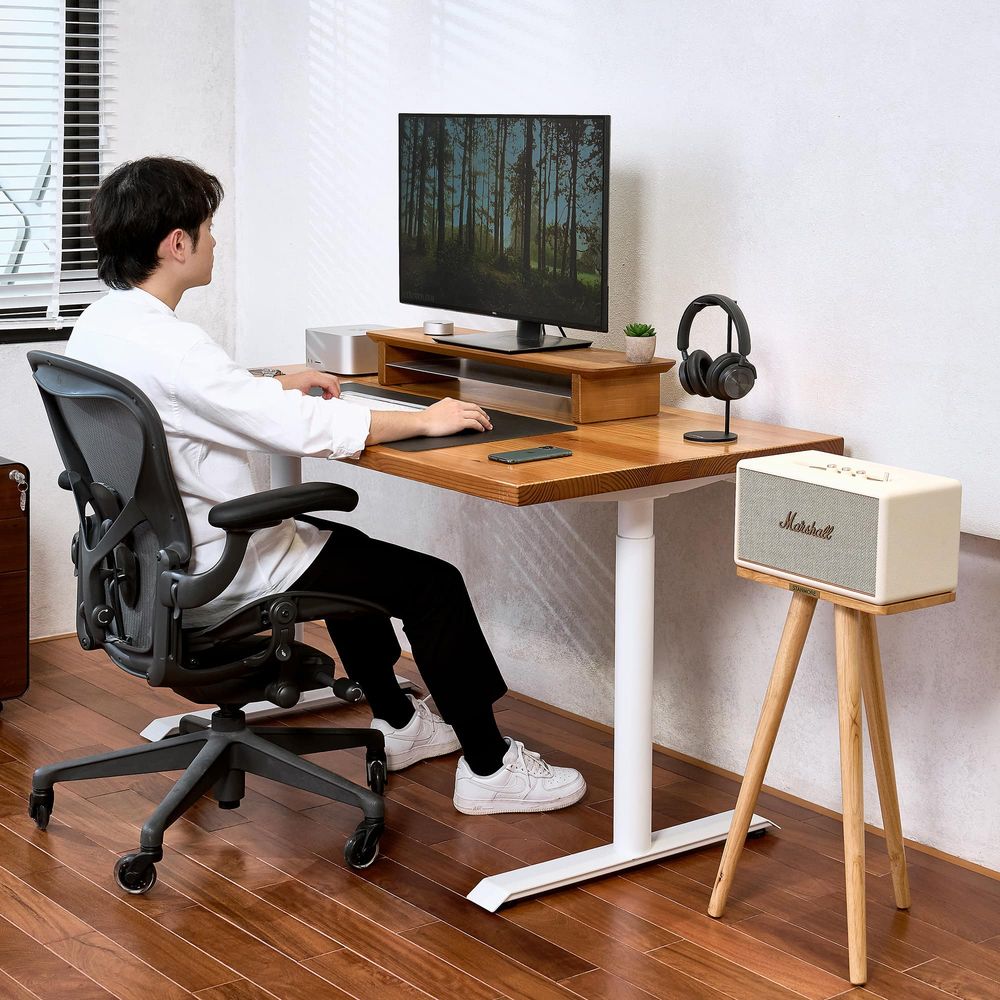 Bàn nâng hạ Cao Cấp LANGBIANG - Oval - By NiceDesgin (Cao Cấp) (Màu gỗ sáng - 152.4x76.2x3.3cm - Khung trắng - Mới, Full box, Chính hãng) (NDSD23LABI01)