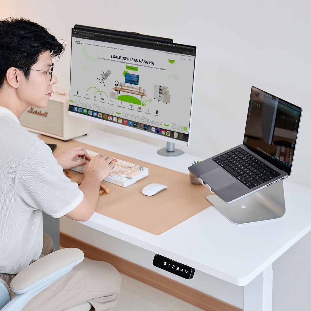 Bàn nâng hạ PULUONG - By NiceDesign (Cao Cấp) (Mặt bàn trắng - 152.4x76.2x2.5cm - Khung trắng - Mới, Full box, Chính hãng) (NDSD23PULU04)