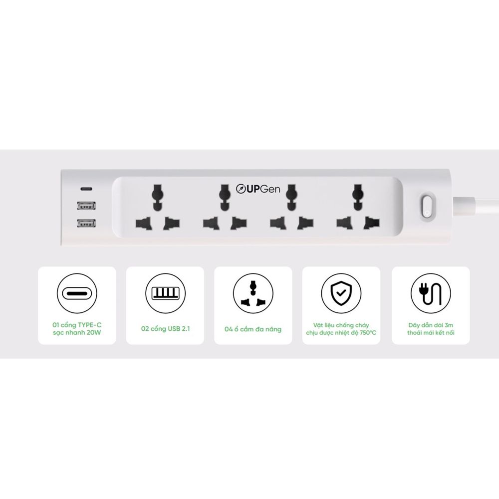 Ổ cắm điện Upgen T2 Pro (Trắng - Mới, Full box, Chính hãng)