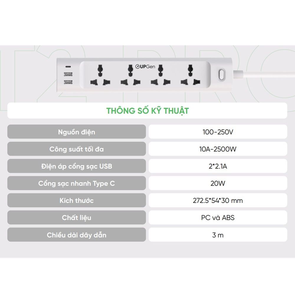 Ổ cắm điện Upgen T2 Pro (Trắng - Mới, Full box, Chính hãng)