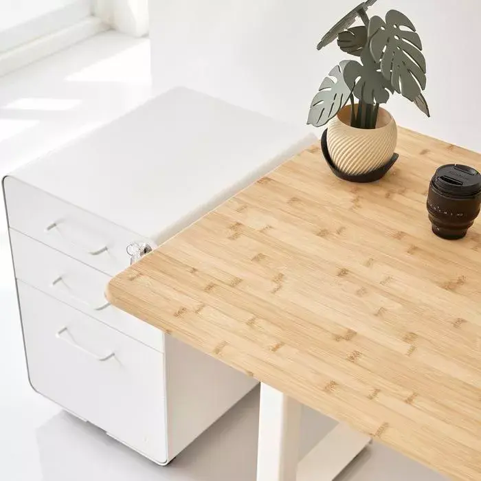 Bàn làm việc Bamboo Edge - By NiceDesign (Mặt bàn 140x70cm, tre - Khung vuông trắng - Mới, Full box, Chính hãng)