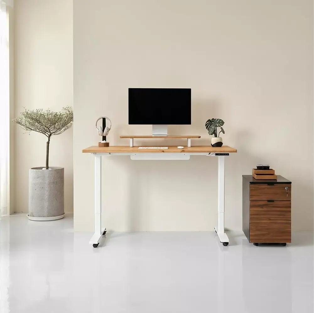 Bàn nâng hạ Fusion Edge - By NiceDesign (Mặt bàn 140x70cm, gỗ tần bì, màu tự nhiên - Khung trắng - Mới, Full box, Chính hãng)