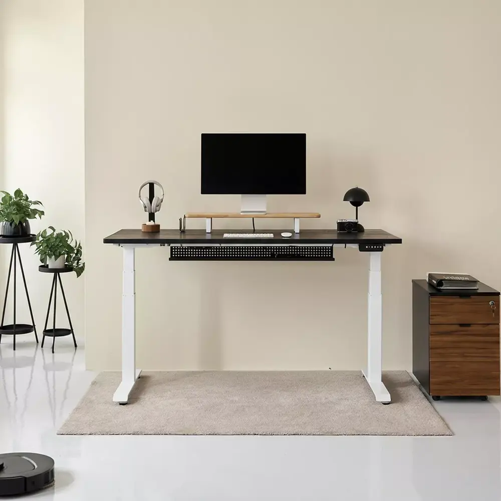 Bàn nâng hạ Taxua Fansi - By NiceDesign (Mặt bàn 160x75cm, gỗ tần bì, màu đen - Khung vuông trắng - Mới, Full box, Chính hãng)