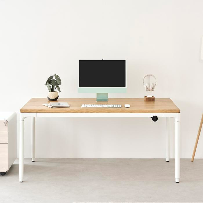 Bộ Bàn nâng hạ Elite - By NiceDesign (Mặt bàn 160x80cm, gỗ sồi, màu tự nhiên - Khung tròn trắng - Mới, Full box, Chính hãng) (NDSD24ELIT01)