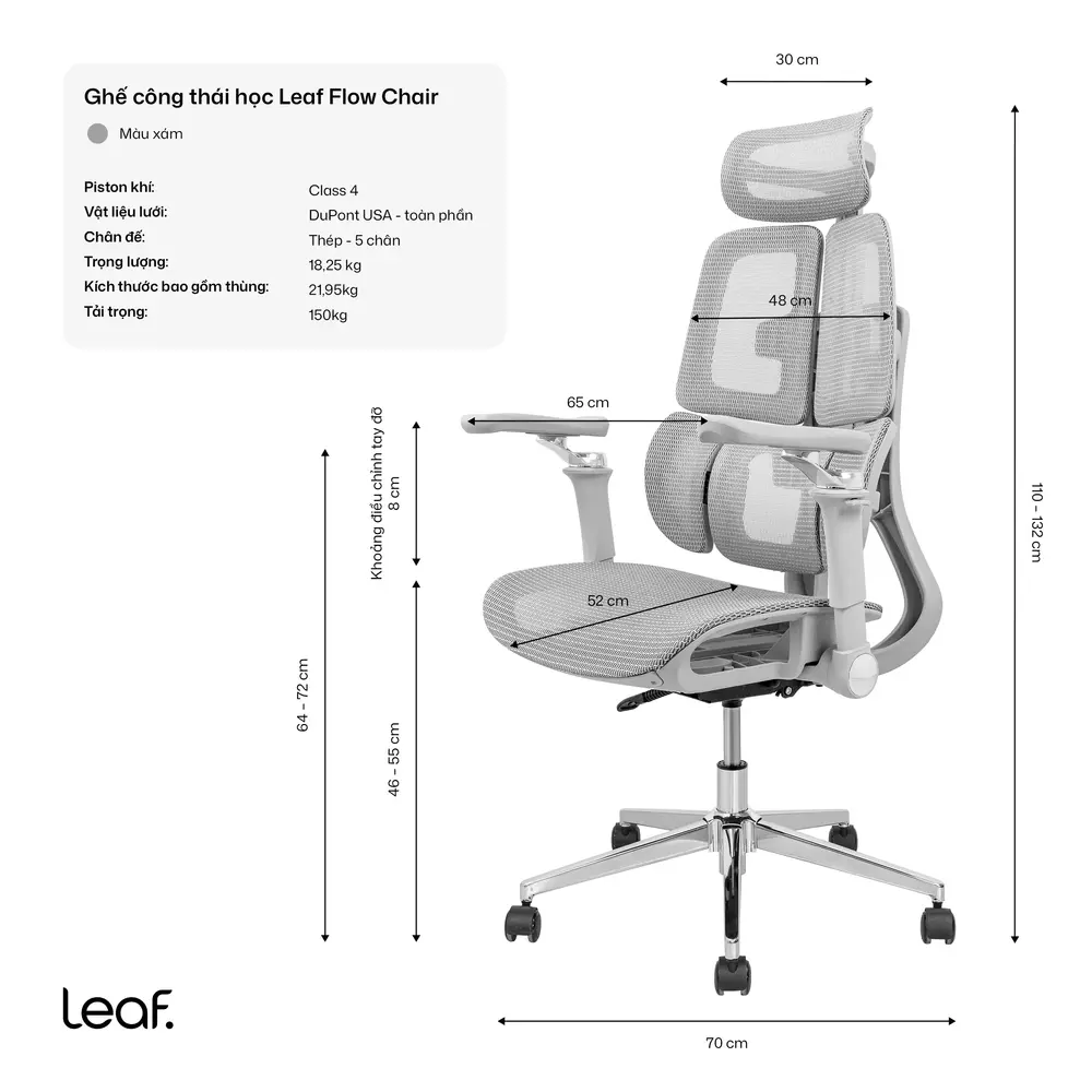 Ghế công thái học Leaf Flow Chair (All Grey - Mới, Full box, Chính hãng)