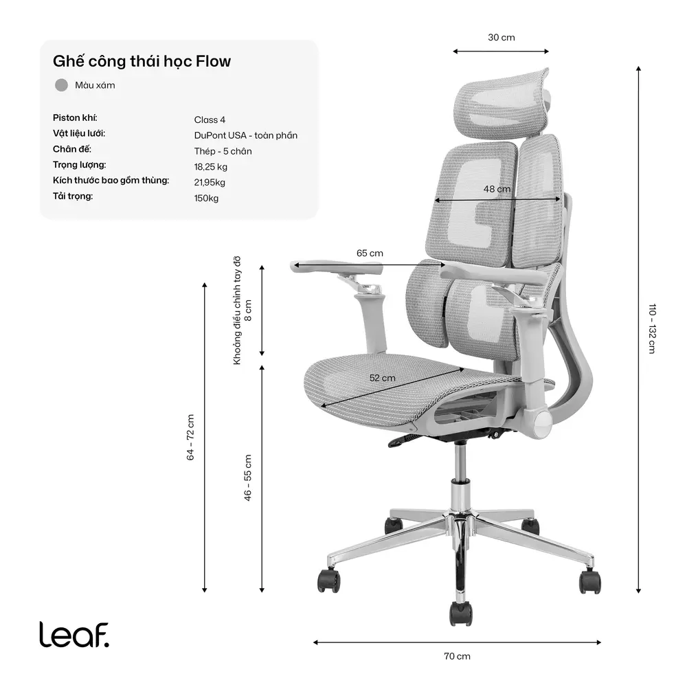 Ghế công thái học Leaf Flow Chair (All Grey - Mới, Full box, Chính hãng)