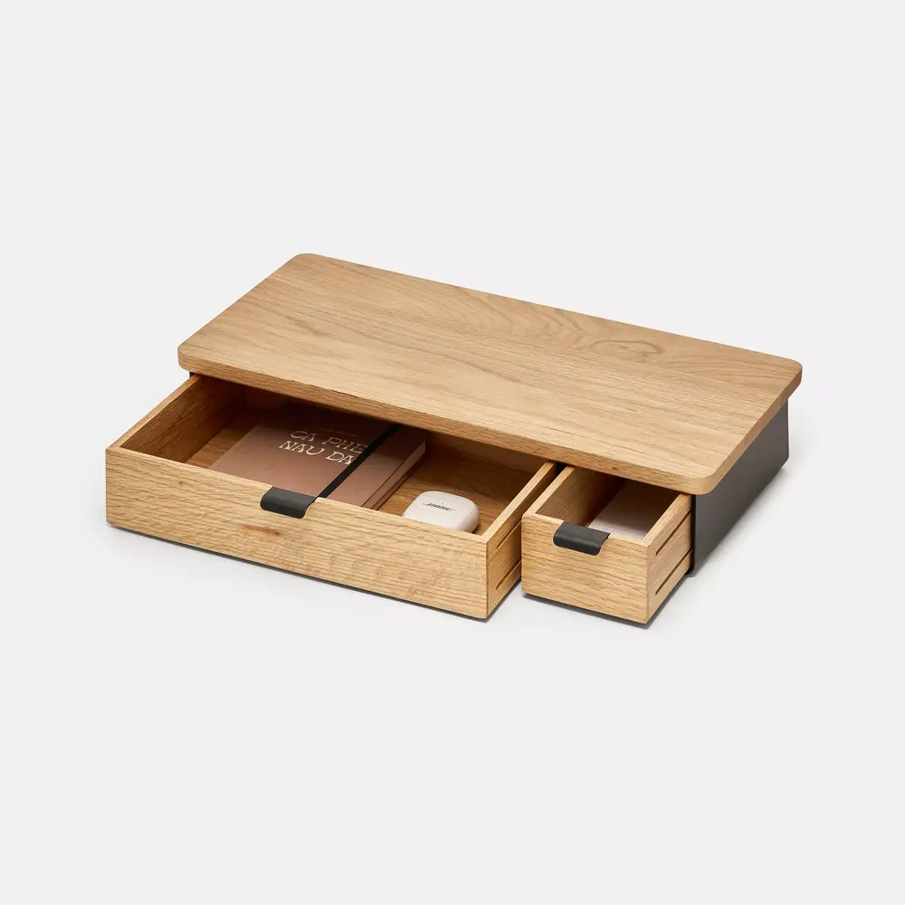Kệ màn hình ngăn kéo Aura - By NiceDesign (Size L-2 ngăn - Black - Oak Natural - Mới, Full box, Chính hãng)