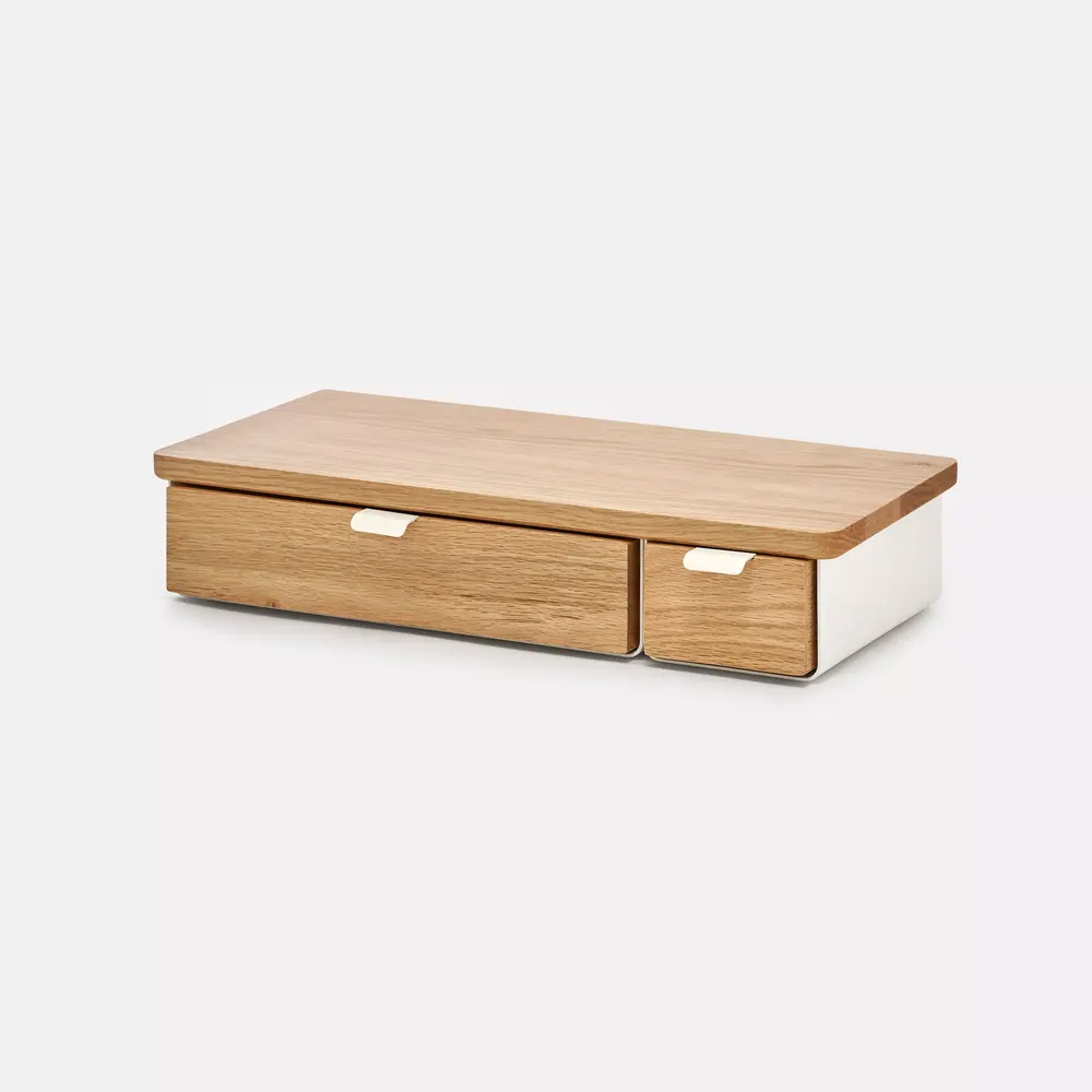 Kệ màn hình ngăn kéo Aura - By NiceDesign (Size L-2 ngăn - White - Oak Natural - Mới, Full box, Chính hãng)