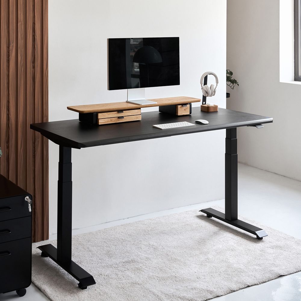 Bàn nâng hạ Noble Grande - By NiceDesign (Mặt bàn 180x75cm, màu gỗ đen - Khung vuông đen - Mới, Full box, Chính hãng)