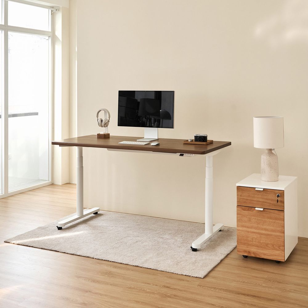 Bàn nâng hạ Noble Oasis - By NiceDesign (Mặt bàn 180x75cm, màu gỗ óc chó - Khung tròn trắng - Mới, Full box, Chính hãng)