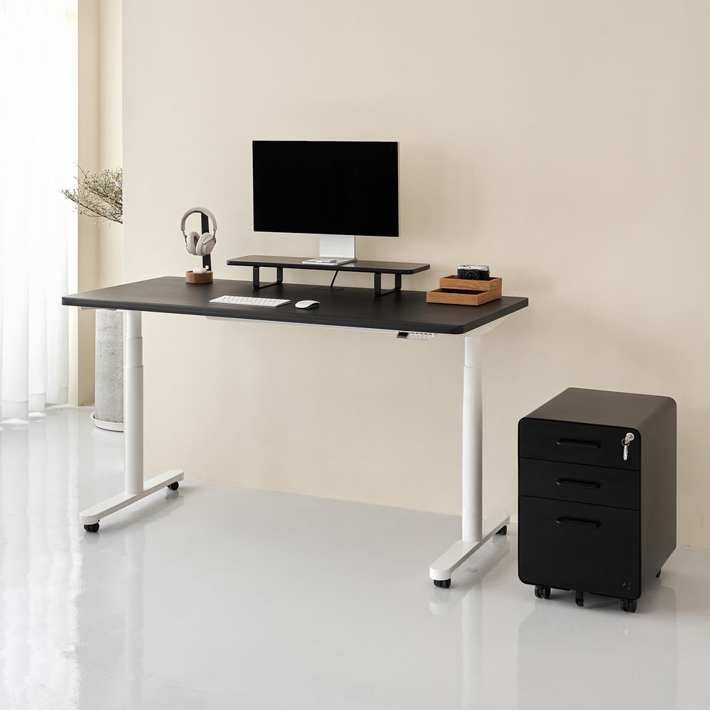 Bàn nâng hạ Noble Oasis - By NiceDesign (Mặt bàn 180x75cm, màu gỗ đen - Khung tròn trắng - Mới, Full box, Chính hãng)