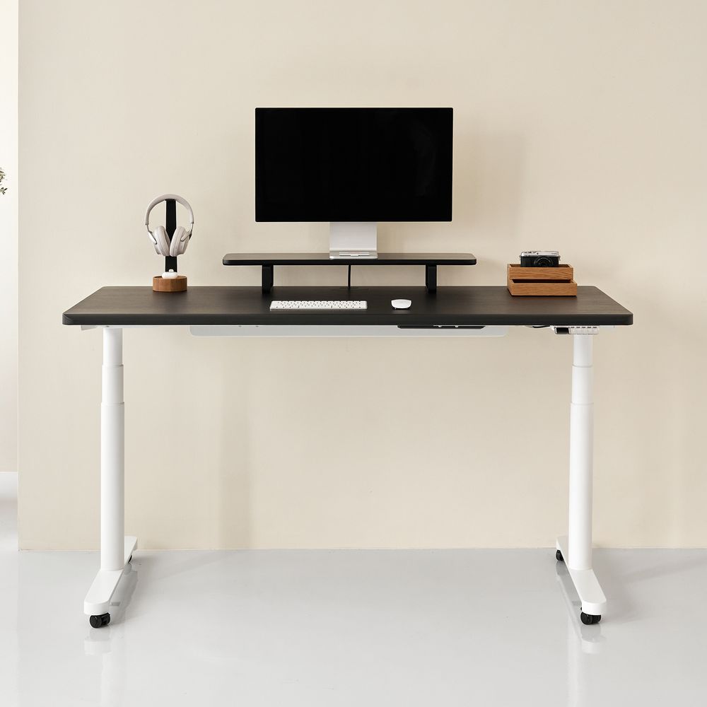 Bàn nâng hạ Noble Oasis - By NiceDesign (Mặt bàn 180x75cm, màu gỗ đen - Khung tròn trắng - Mới, Full box, Chính hãng)