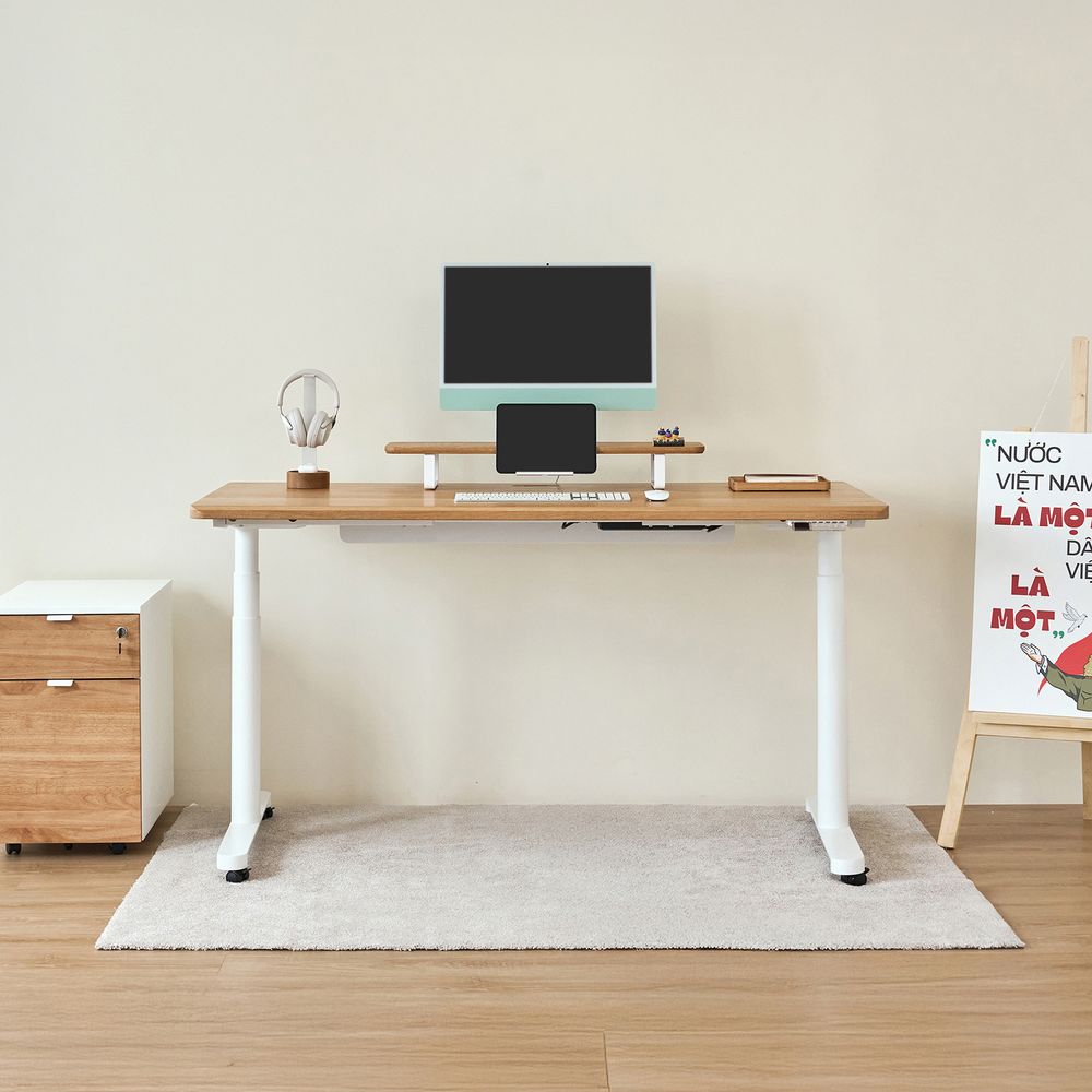 Bàn nâng hạ Noble Oasis - By NiceDesign (Mặt bàn 180x75cm, màu gỗ tự nhiên - Khung tròn trắng - Mới, Full box, Chính hãng)