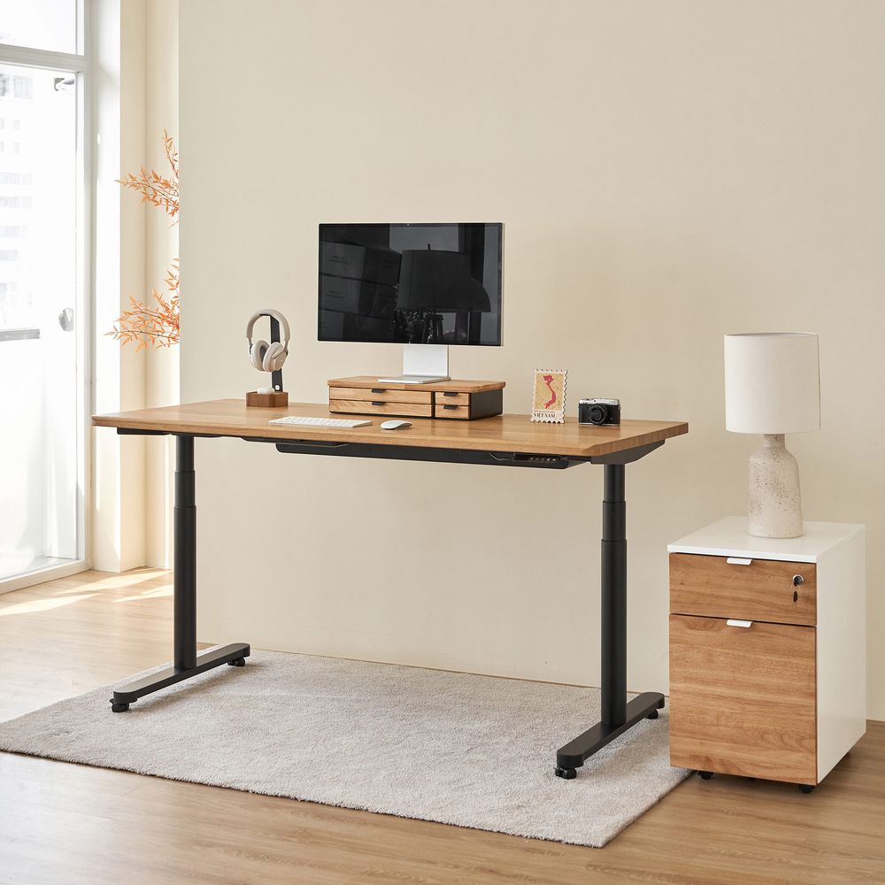 Bàn nâng hạ Noble Oasis - By NiceDesign (Mặt bàn 180x75cm, màu gỗ tự nhiên - Khung tròn đen - Mới, Full box, Chính hãng)