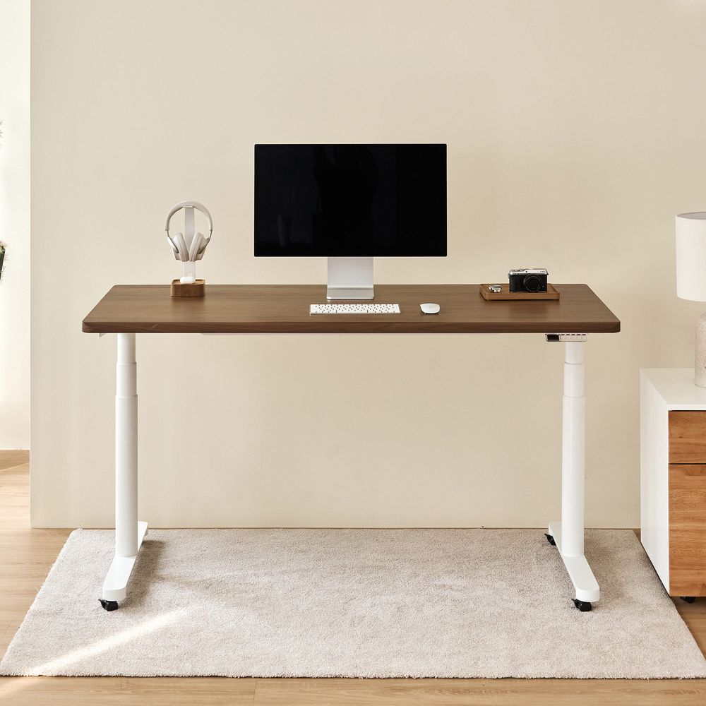 Bàn nâng hạ Noble Oasis - By NiceDesign (Mặt bàn 160x75cm, màu gỗ óc chó - Khung tròn trắng - Mới, Full box, Chính hãng)