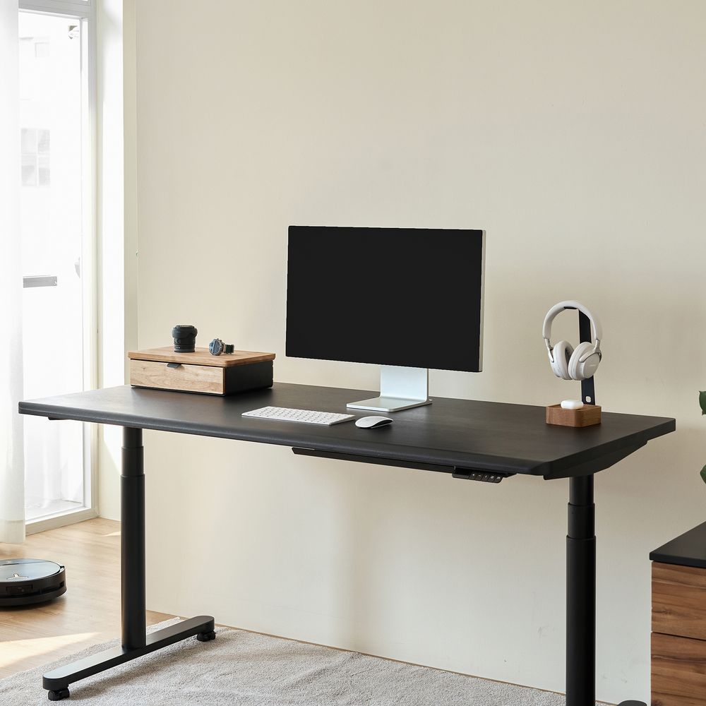 Bàn nâng hạ Noble Oasis - By NiceDesign (Mặt bàn 160x75cm, màu gỗ đen - Khung tròn đen - Mới, Full box, Chính hãng)