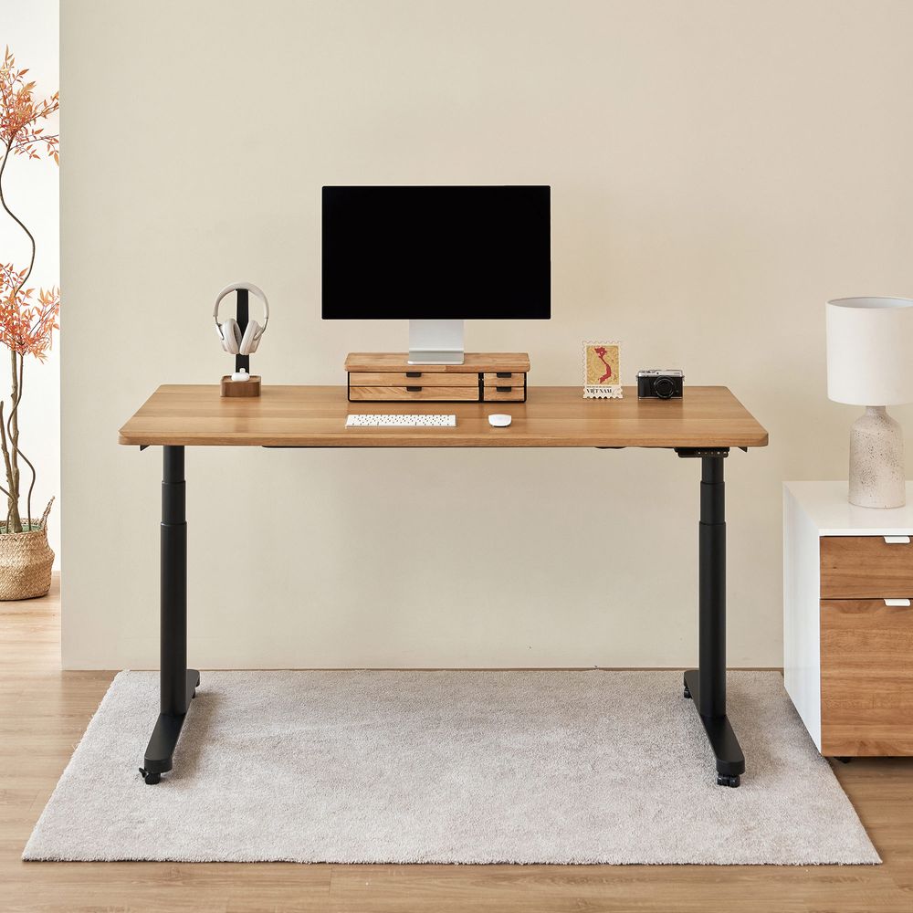 Bàn nâng hạ Noble Oasis - By NiceDesign (Mặt bàn 180x75cm, màu gỗ tự nhiên - Khung tròn đen - Mới, Full box, Chính hãng)