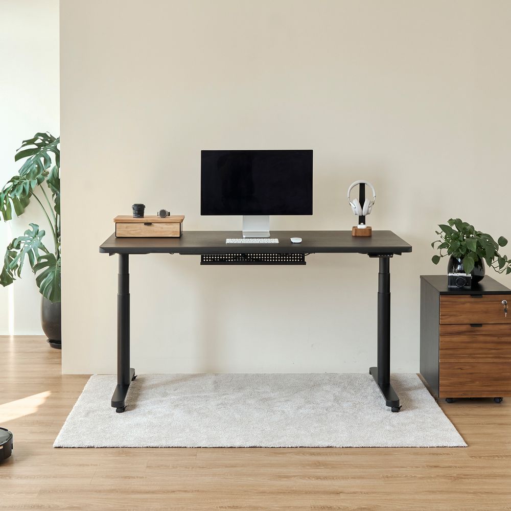 Bàn nâng hạ Noble Oasis - By NiceDesign (Mặt bàn 180x75cm, màu gỗ đen - Khung tròn đen - Mới, Full box, Chính hãng)