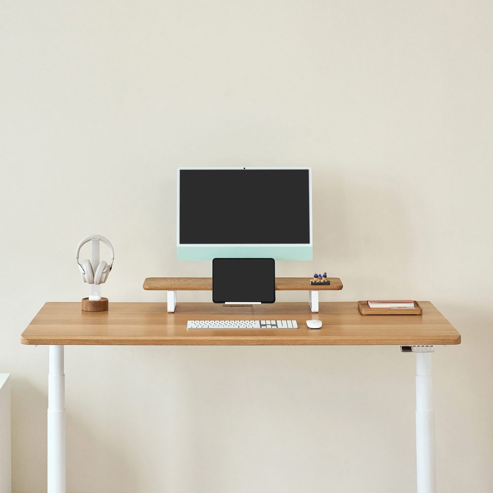 Bàn nâng hạ Noble Oasis - By NiceDesign (Mặt bàn 180x75cm, màu gỗ tự nhiên - Khung tròn trắng - Mới, Full box, Chính hãng)