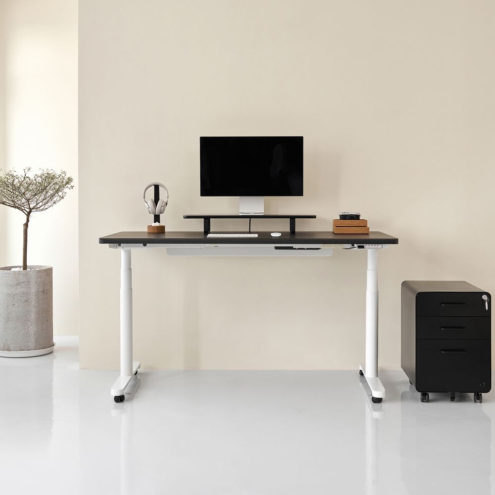 Bàn nâng hạ Noble Oasis - By NiceDesign (Mặt bàn 180x75cm, màu gỗ đen - Khung tròn trắng - Mới, Full box, Chính hãng)