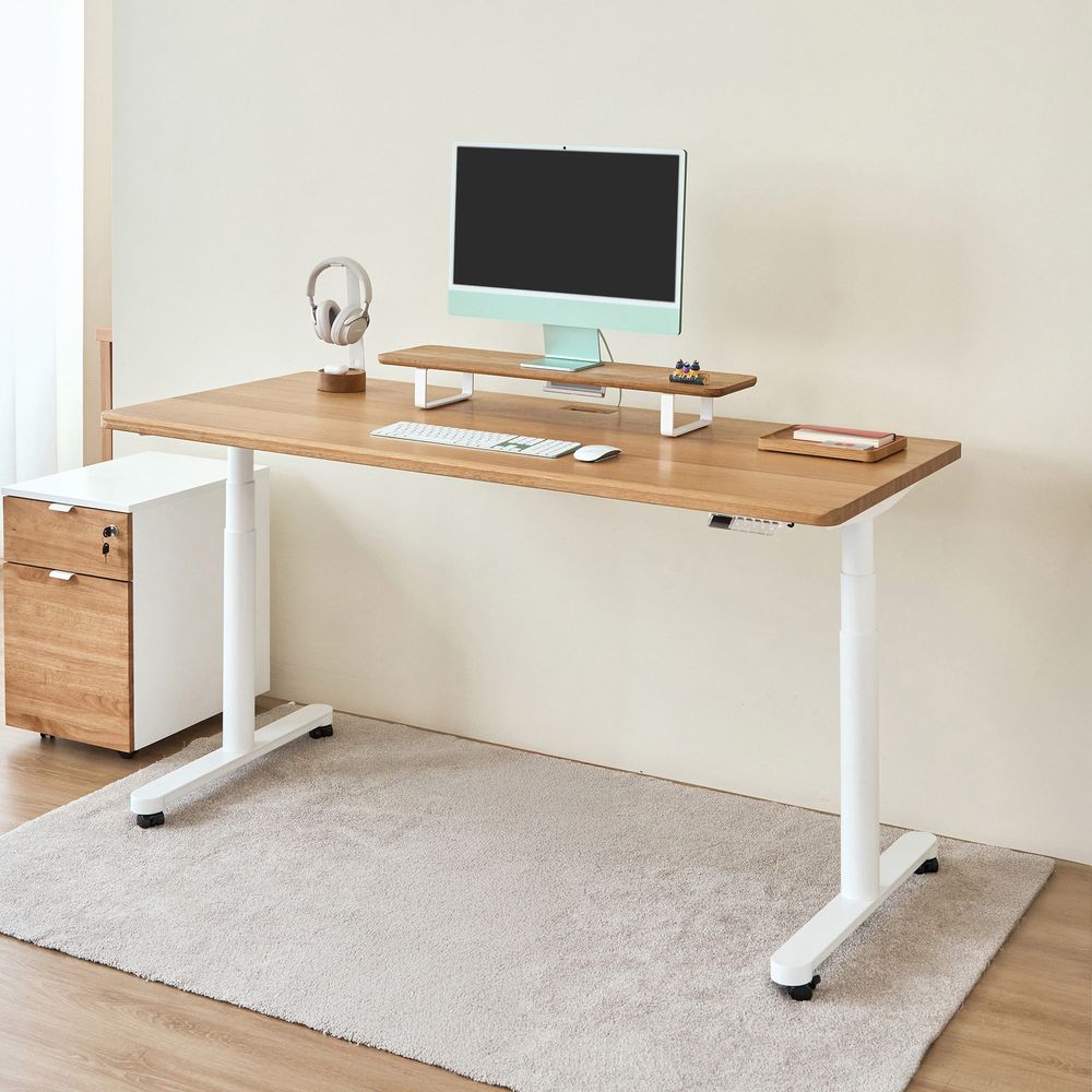 Bàn nâng hạ Noble Oasis - By NiceDesign (Mặt bàn 160x75cm, màu gỗ tự nhiên - Khung tròn trắng - Mới, Full box, Chính hãng) (NDSD24OASI02)