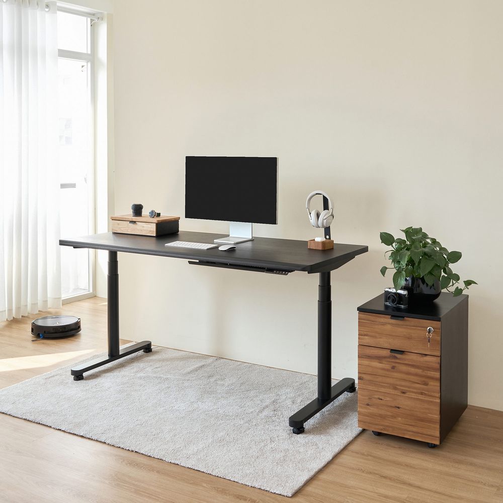 Bàn nâng hạ Noble Oasis - By NiceDesign (Mặt bàn 160x75cm, màu gỗ đen - Khung tròn đen - Mới, Full box, Chính hãng)