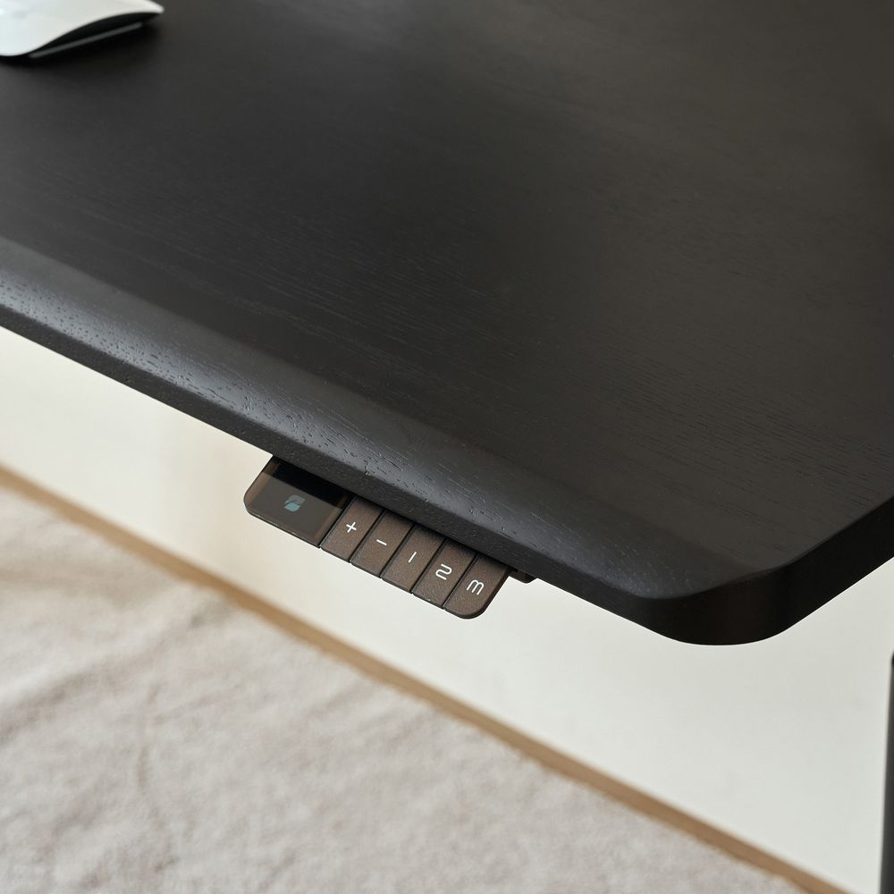 Bàn nâng hạ Noble Oasis - By NiceDesign (Mặt bàn 180x75cm, màu gỗ đen - Khung tròn đen - Mới, Full box, Chính hãng)