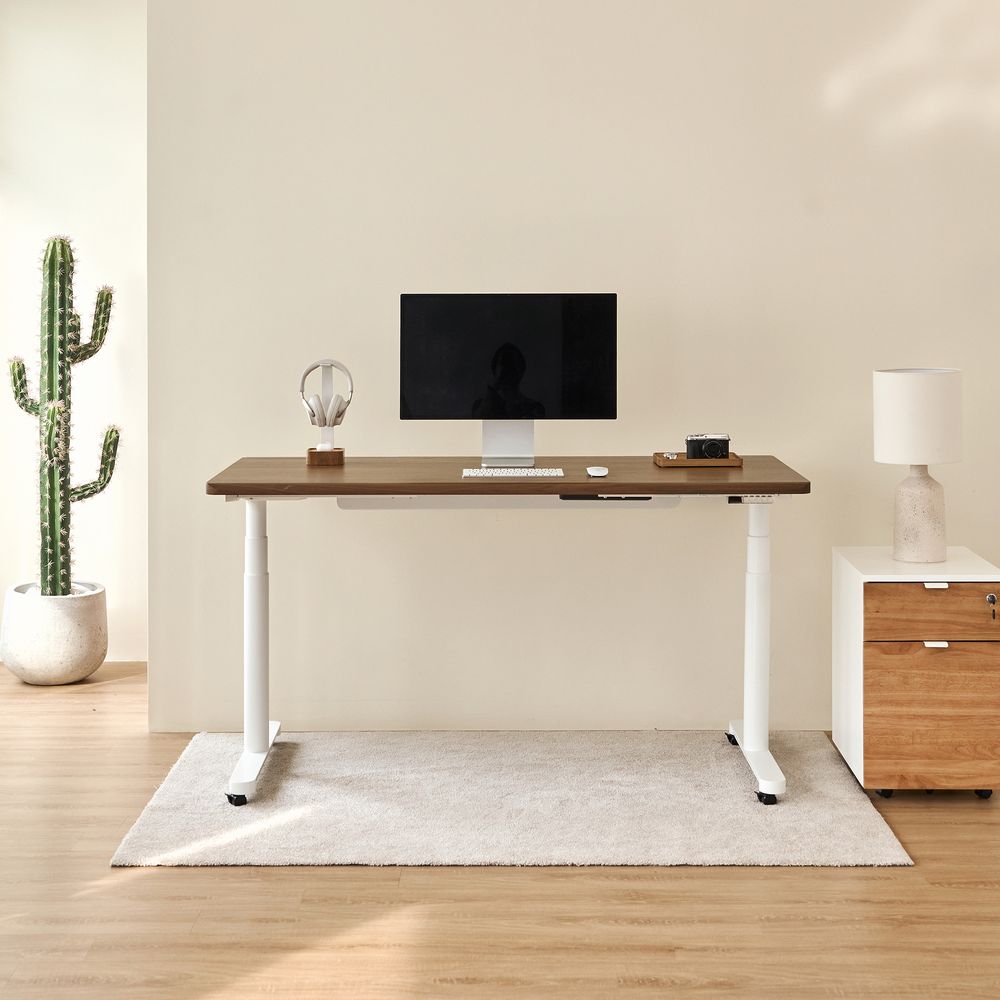 Bàn nâng hạ Noble Oasis - By NiceDesign (Mặt bàn 160x75cm, màu gỗ óc chó - Khung tròn trắng - Mới, Full box, Chính hãng)