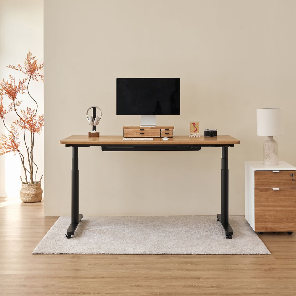 Bàn nâng hạ Noble Oasis - By NiceDesign (Mặt bàn 180x75cm, màu gỗ tự nhiên - Khung tròn đen - Mới, Full box, Chính hãng)