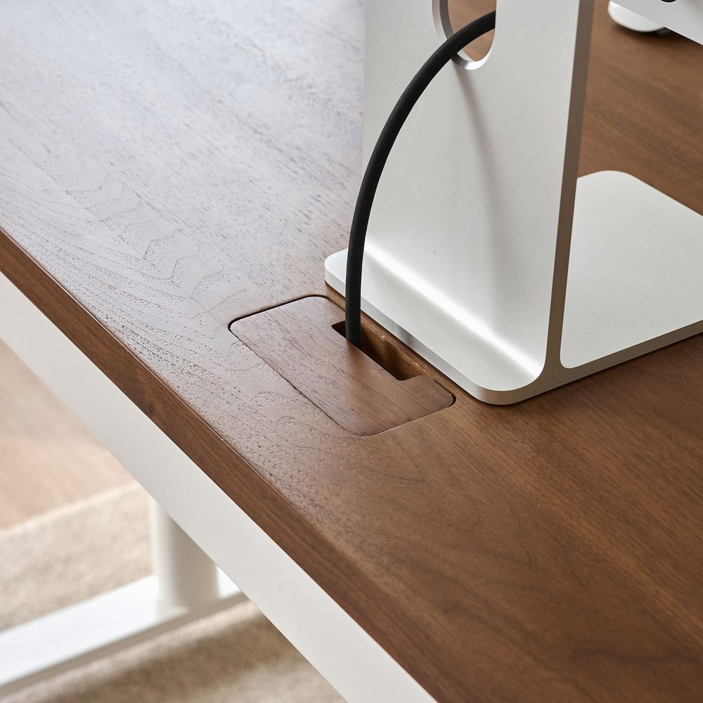 Bàn nâng hạ Noble Oasis - By NiceDesign (Mặt bàn 160x75cm, màu gỗ óc chó - Khung tròn trắng - Mới, Full box, Chính hãng)