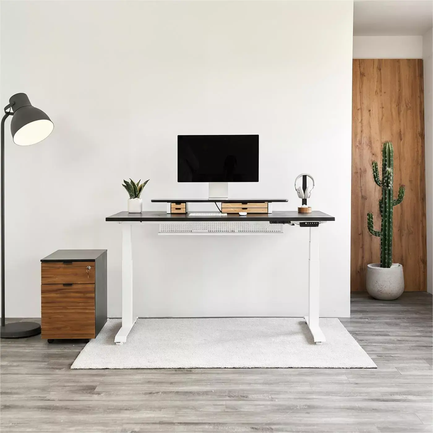 Bàn nâng hạ Fusion Edge - By NiceDesign (Mặt bàn 140x70cm, gỗ tần bì, màu đen - Khung trắng - Mới, Full box, Chính hãng)