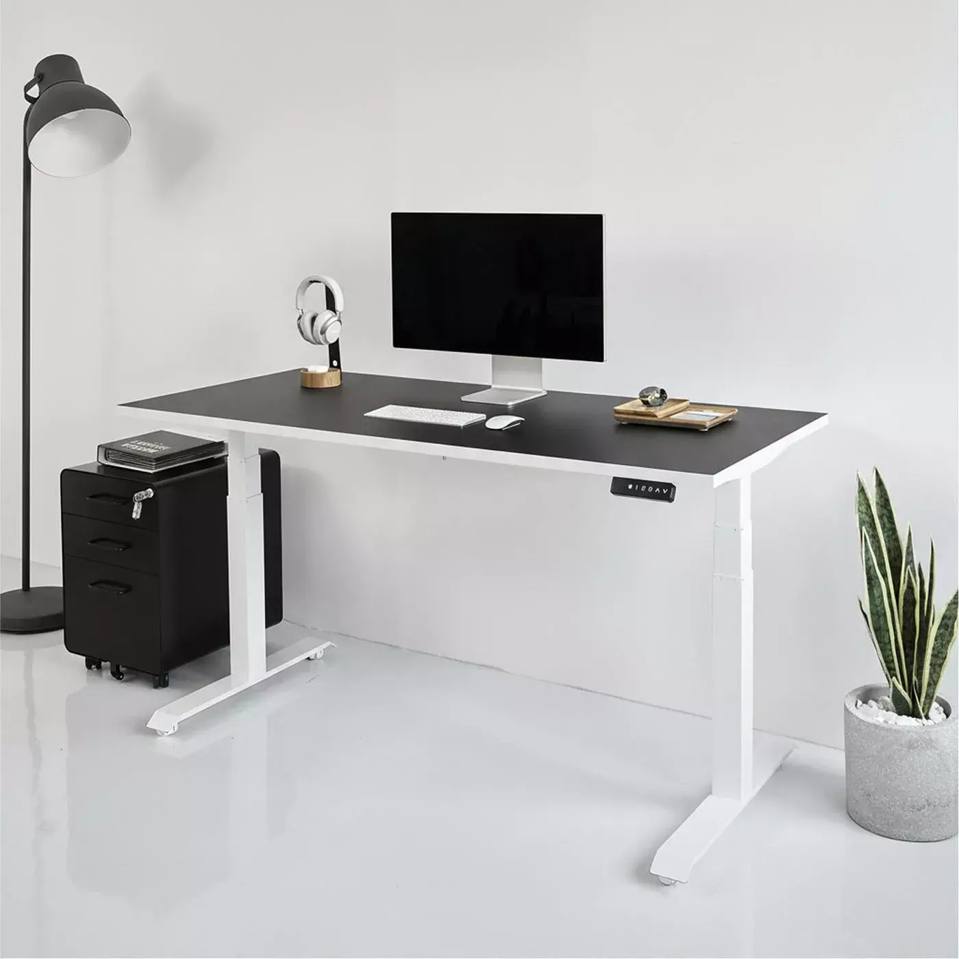 Bàn nâng hạ Pure Fansi - By NiceDesign (Mặt bàn 160x75cm, màu đen - Khung vuông trắng - Mới, Full box, Chính hãng) (NDSD25PUFA02)