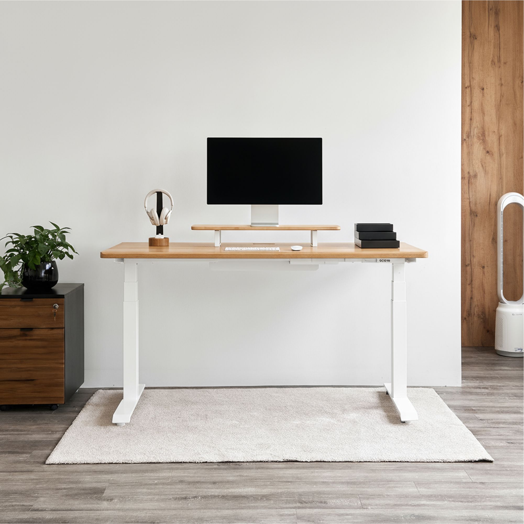 Bàn nâng hạ Noble Grande - By NiceDesign (Mặt bàn 180x75cm, màu gỗ tự nhiên - Khung vuông trắng - Mới, Full box, Chính hãng)